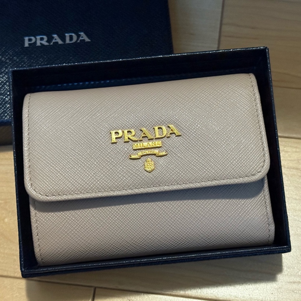 Prada Light Taupe Wallet with Gold Accents